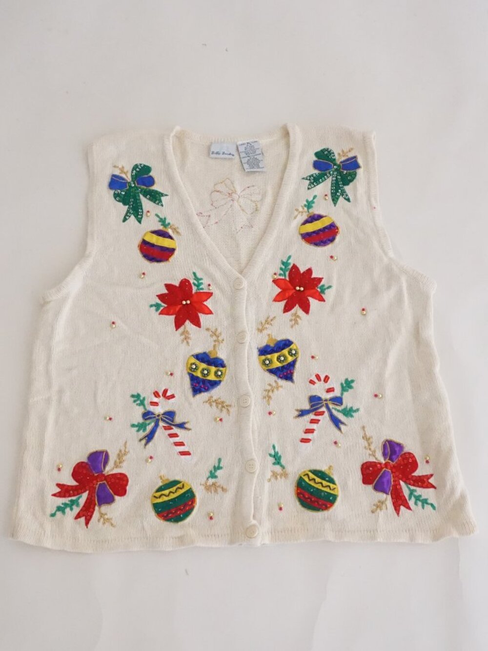 Vintage Bobbie Brooks Ivory Christmas Ornament Poinsettia Candy Cane Vest XL